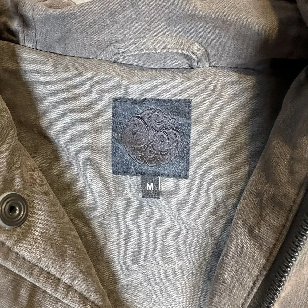 Pretty Green Gray Olive Button Hood Coat Parka Jacket Resin Coated Cargo Pockets